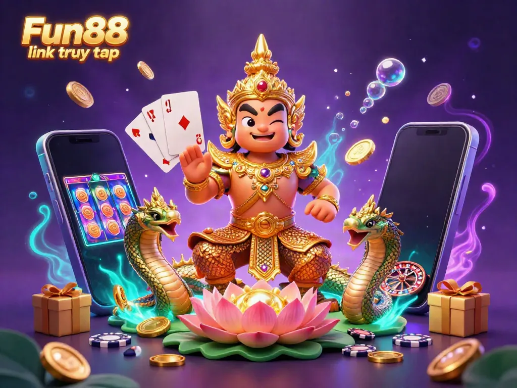 Experience Fun88 link truy cập with a vibrant 3D illustration showcasing a friendly guardian, luxury slots, and casino elements.