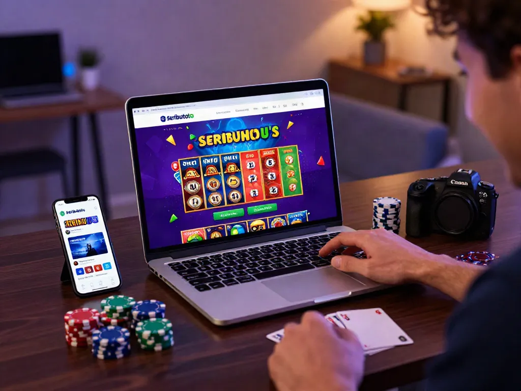 Online gambling with Seributoto on laptop, vibrant graphics and player excitement