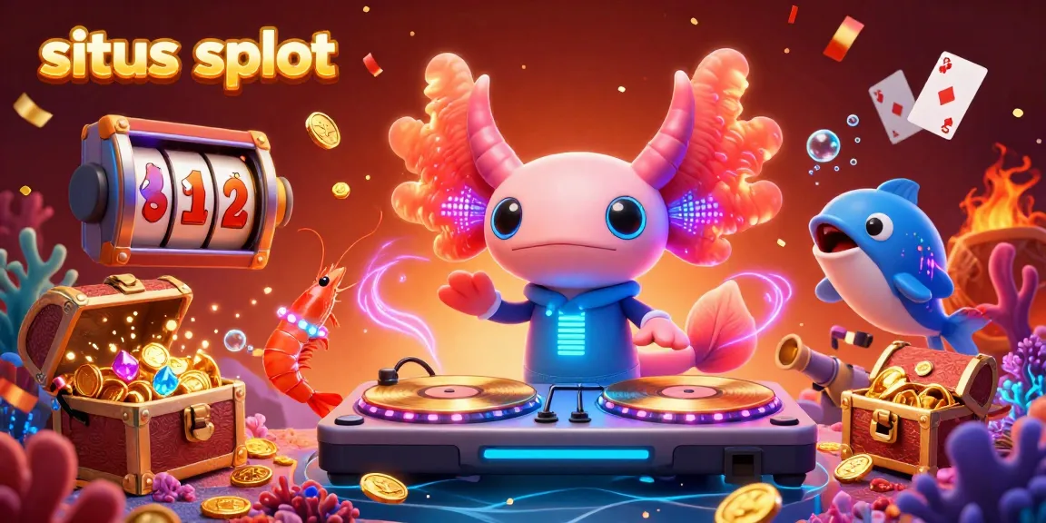 Experience the excitement of situs slot with a lively underwater casino scene featuring a neon axolotl DJ.