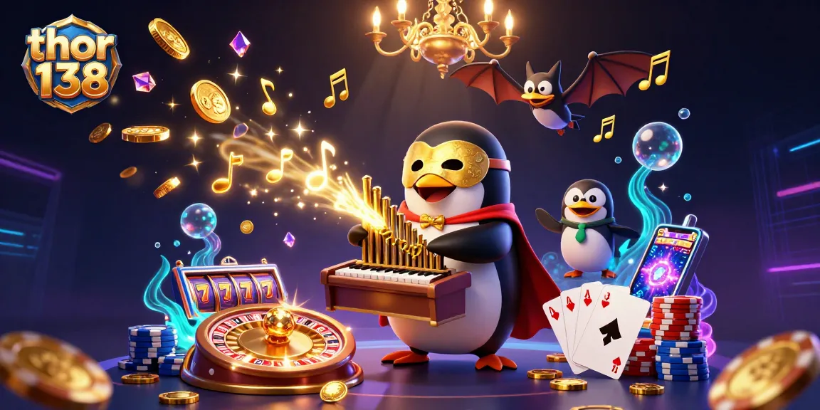Thor 138 menampilkan penguin opera kartun 3D dengan efek kasino, slot dan koin berkilau terbang.