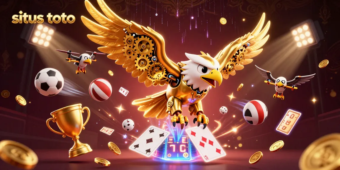 Experience thrilling action at situs toto with a cybernetic eagle soaring over dynamic sports elements and holographic cards.
