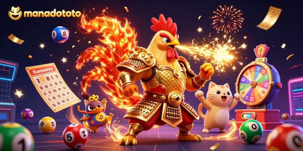 Experience the thrill of manadototo with a 3D illustration of a rooster warrior and dragon hatchling amidst dynamic casino elements.