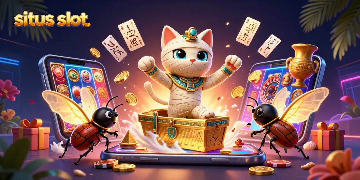 Gulir situs slot dengan karakter kucing mummy timur yang mengeluarkan kekayaan dari sarcophagus.