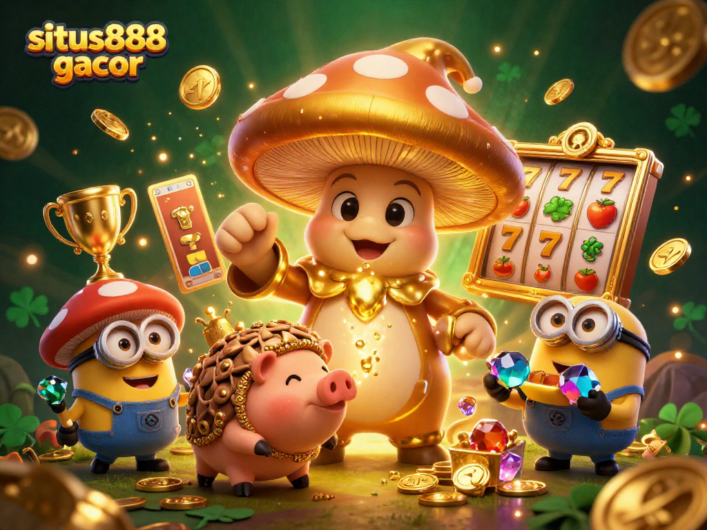 Spin the reels at situs888 gacor and witness a magical, treasure-filled scene with vibrant slot elements.