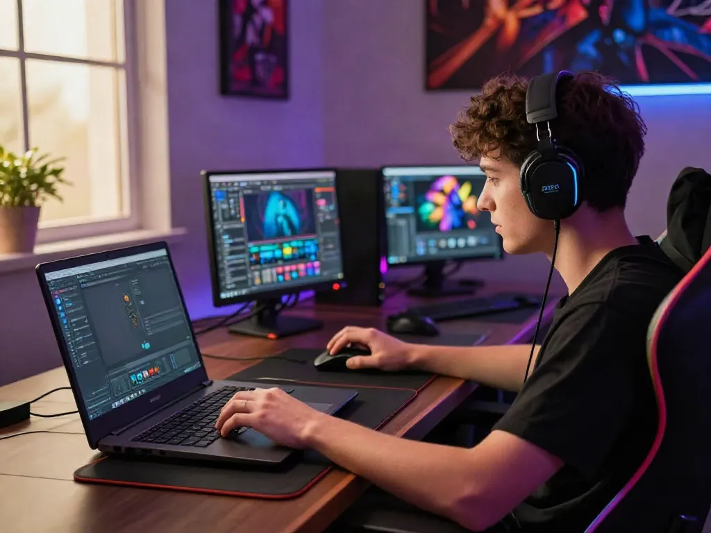 Pengguna bermain QQGOBET di laptop dengan suasana gaming modern.
