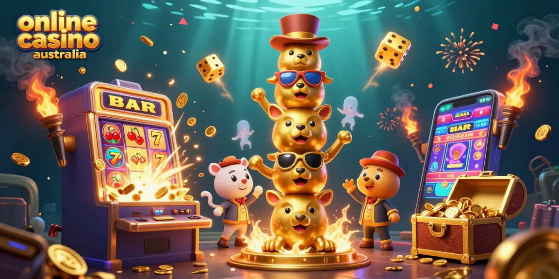 Experience the vibrant world of online casino australia with a dynamic 3D illustration bursting with casino elements.