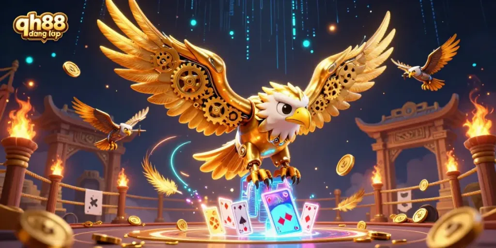 Engage in qh88 đăng nhập with a dynamic scene featuring an eagle soaring through holographic cards.