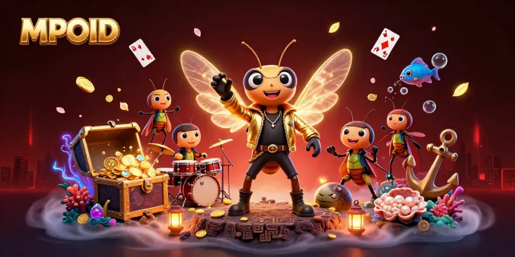 MPOID enhances gaming excitement with a vibrant scene featuring a rock star cicada and treasure elements.