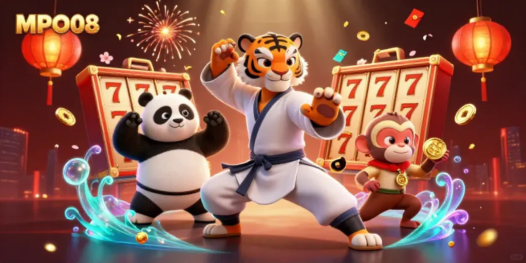 Engage with MPO08's exciting gameplay through vibrant 3D characters and elements in a lively casino atmosphere.