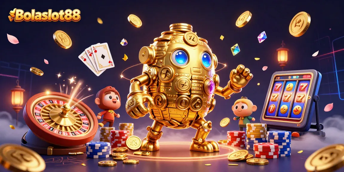 Bolaslot88 brings excitement with a golden golem amidst jackpot symbols, coins, and vibrant casino elements