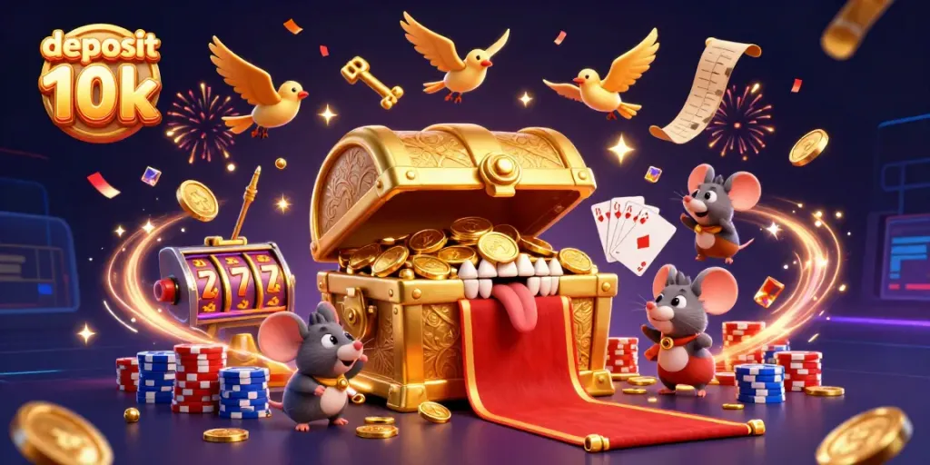 Permainan slot deposit 10k, harta karun emas menggoda dengan efek bercahaya dan kemeriahan kasino.