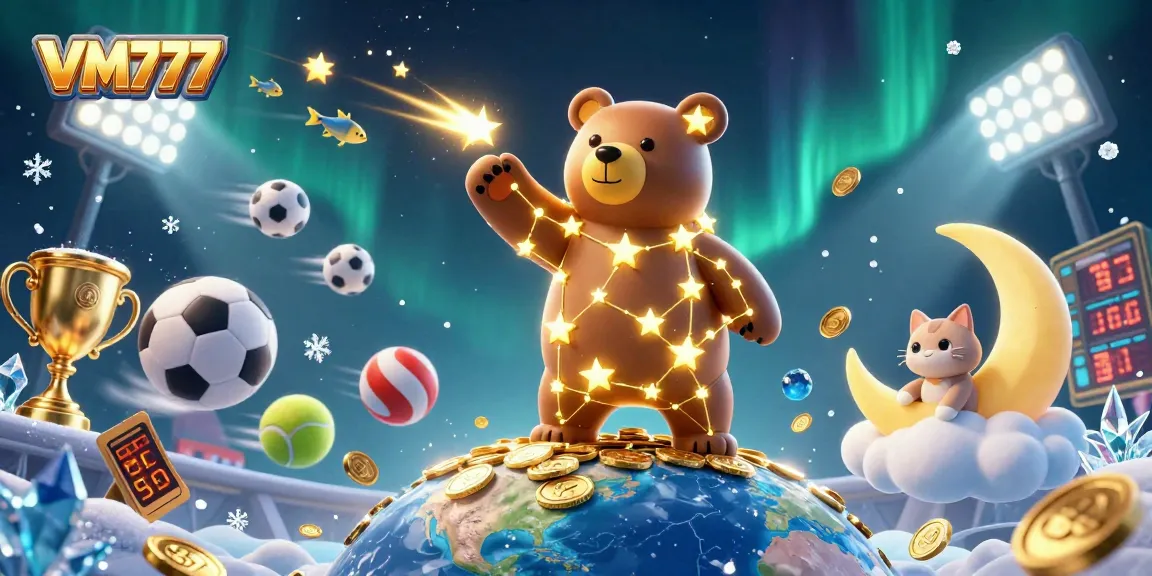 VM777 users enjoy interactive gambling with a constellation bear among sports elements and coins.