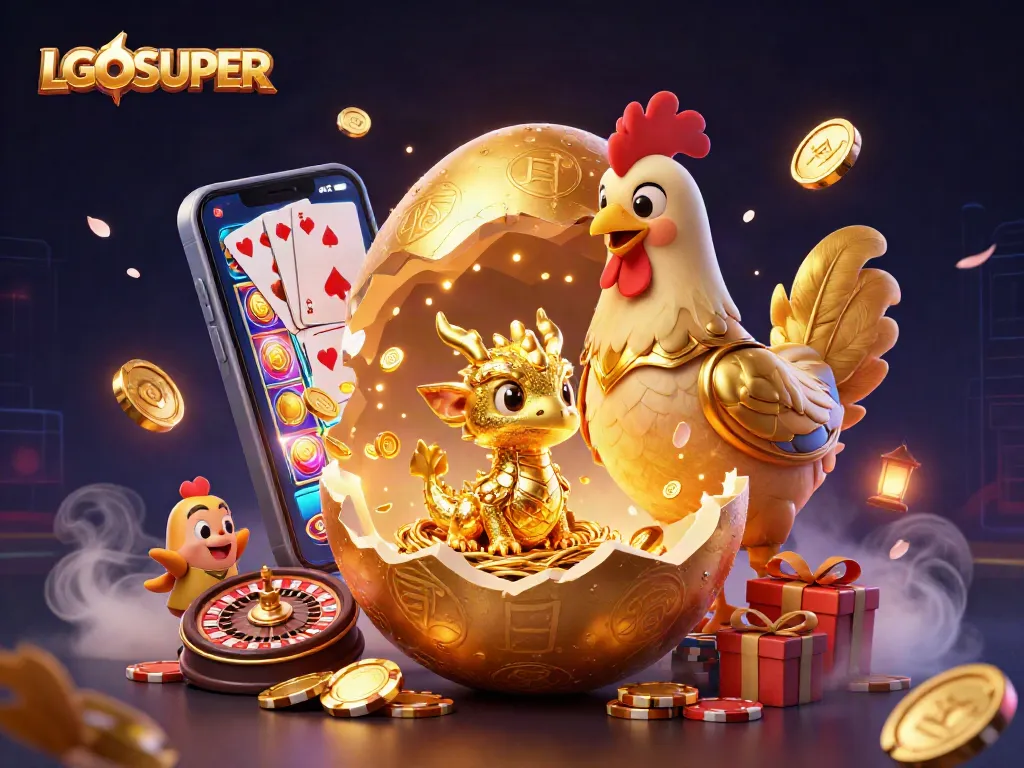 Engage with LGOSUPER's vibrant gaming scene featuring a dragon of golden poker chips and thrilling slot action.