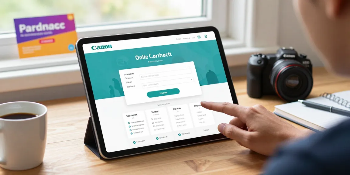 Pengguna mengakses geneia.com di tablet dengan tampilan halaman terpadu, menampilkan opsi masuk dan bantuan pengguna.