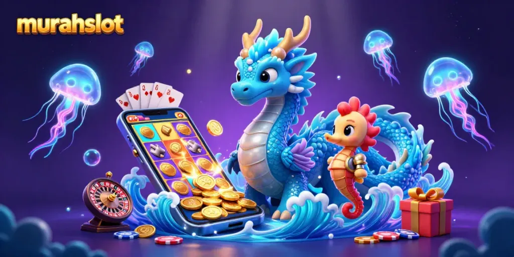 Engage with murahslot by exploring a vibrant underwater casino theme with a dragon and seahorse knight.
