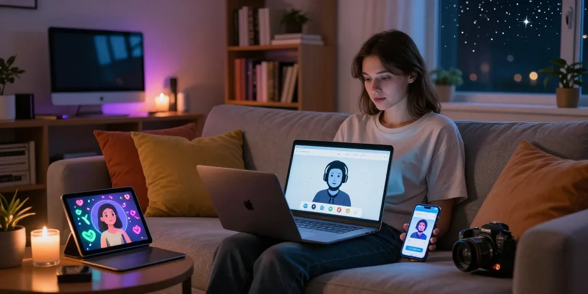 User interacting with an AI NSFW chatbot in a cozy atmosphere with creative digital artwork.