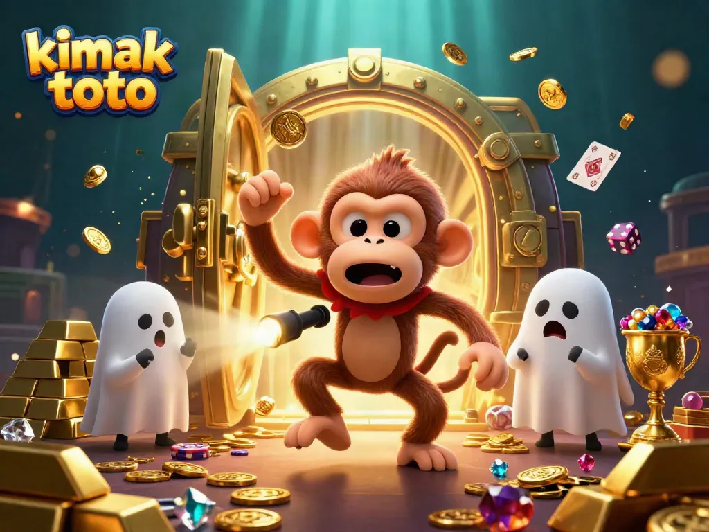 Experience gaming magic with kimak toto, featuring a playful poltergeist monkey and ghost-hunter puppy in a vibrant casino scene.