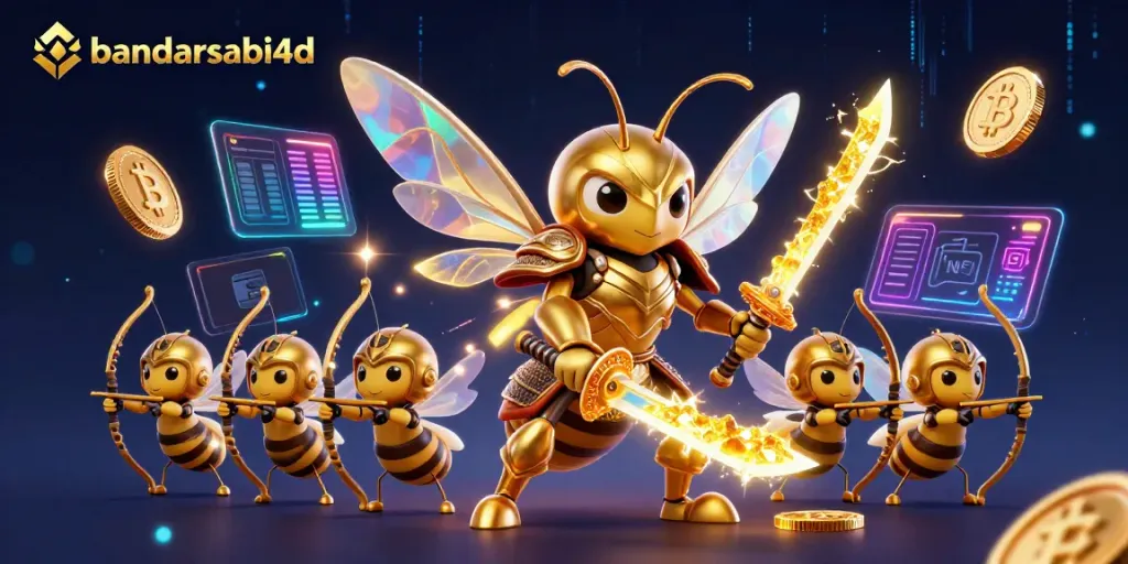 Bandarsabi4d menghadirkan ilustrasi dinamis dengan hornet emas dan elemen kripto dalam suasana kasino yang meriah.