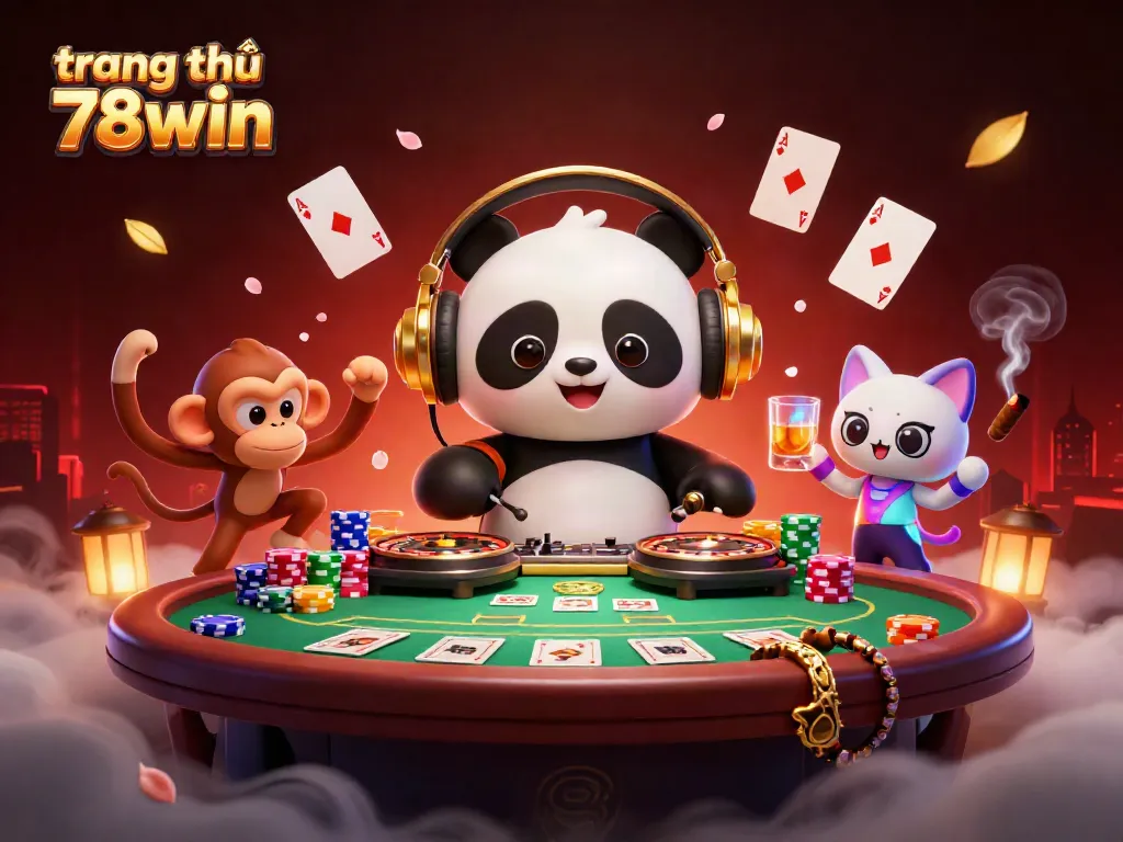 Experience the thrill of playing at trang chủ 78win with 3D pandas and poker chips in a dynamic casino scene.