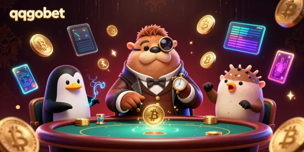 Engage with the whimsical world of qqgobet through underwater poker as characters play amidst neon crypto elements.