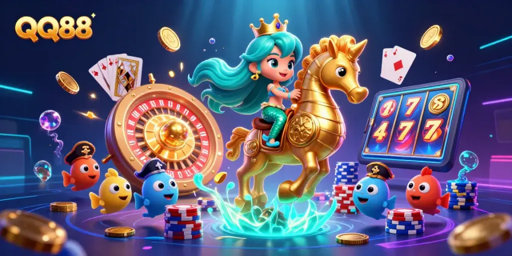 Immerse in QQ88's vibrant casino scene filled with mermaid princess, treasures, and gaming excitement.