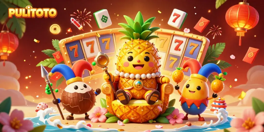 PULITOTO showcases a vibrant casino scene with a golden pineapple king and lively game elements.