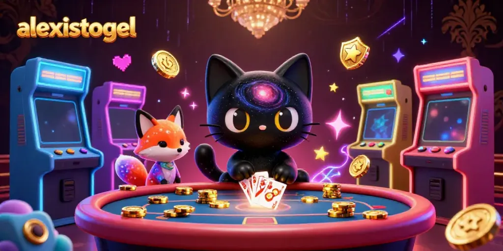 Menampilkan ALEXISTOGEL, kucing hitam bintang dan rubah nebula dalam suasana kasino kosmik yang penuh warna.