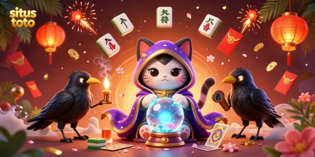 Bermain situs toto dengan karakter kucing mistik dan burung gagak dalam ilustrasi 3D yang memukau.