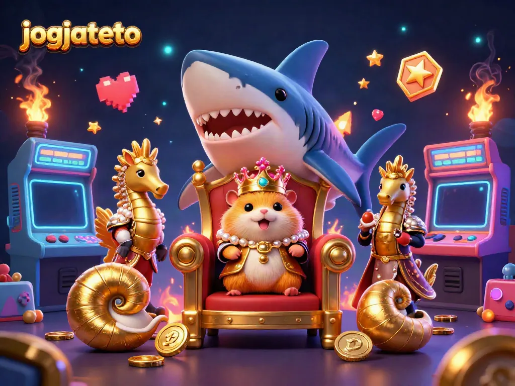 Experience exciting gaming action at jogjatoto with a vibrant 3D illustration of a golden hamster king amidst dynamic casino elements.