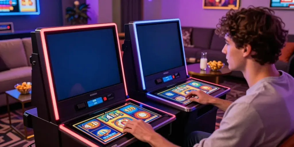 Exciting user playing slot 4d games on smartphone in cozy setting.
