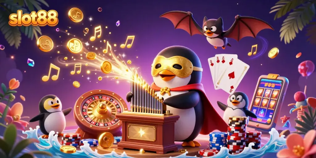 Experience thrilling slot88 action with golden coins and vibrant casino elements in a dynamic scene.
