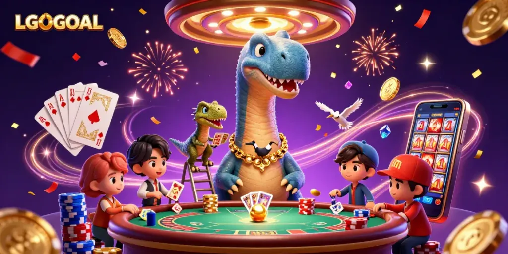 Experience thrilling moments at LGOGOAL with a vibrant 3D casino illustration featuring a whimsical brontosaurus.