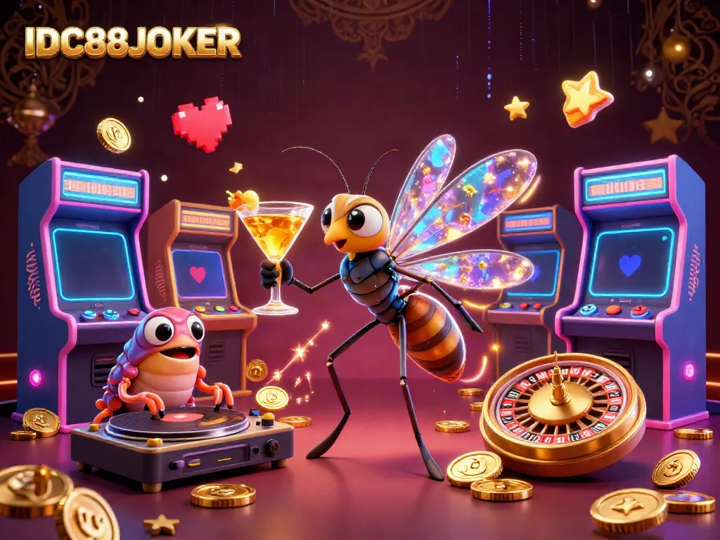 Experience exciting games with IDC88JOKER's vibrant 3D casino illustration featuring cartoon characters.