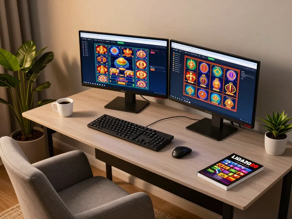 LIGA2000 online casino interface displayed on dual monitors in a modern home office setup, showcasing engaging slot games.