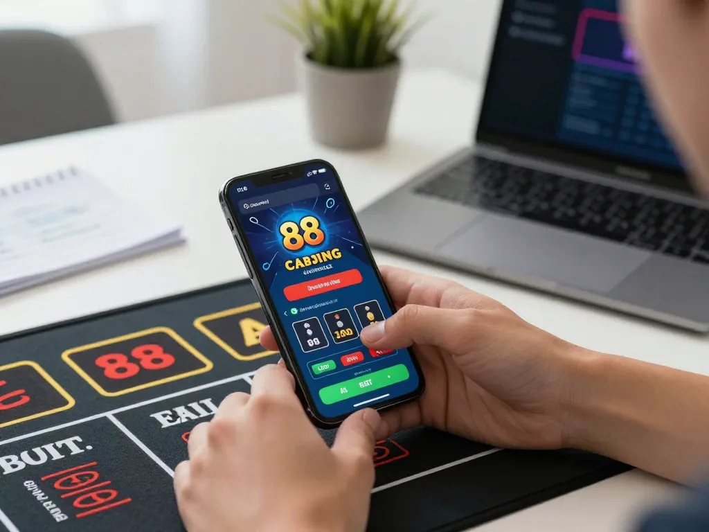 Engaging with mantra88's casino app, showcasing live dealer betting on smartphone in modern workspace