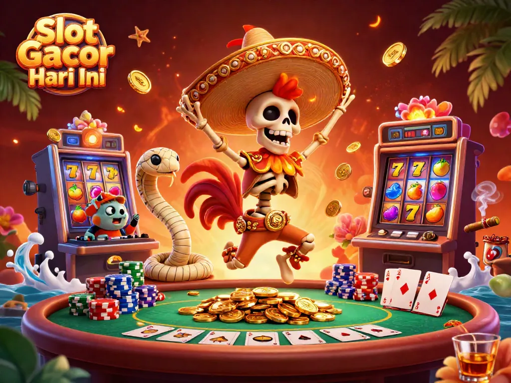 Spin the reels with Slot Gacor Hari Ini, showcasing vibrant characters and thrilling casino elements.