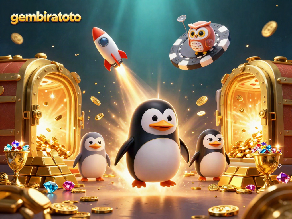 Gembiratoto merayakan kemenangan dengan penguin emas yang meluncur sambil membawa koin ke kasino luar angkasa.