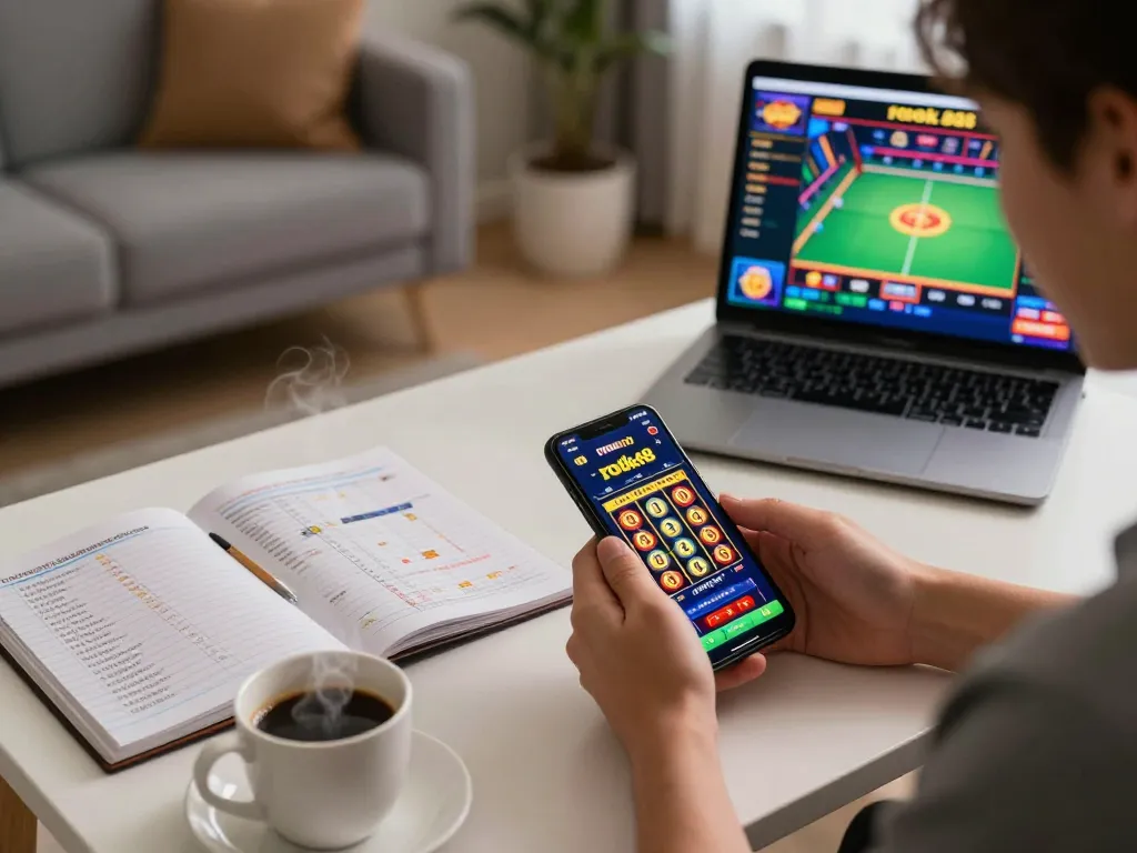 Engaging with the rokok 88 casino app on a smartphone in a cozy online gaming setup, showcasing vibrant slots.