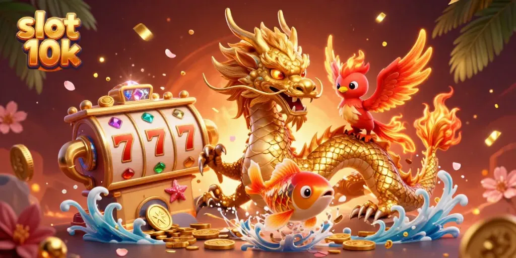 Menggandeng slot 10k, ilustrasi 3D ini menunjukkan naga emas berkilau memerintah bidang perjudian, dikelilingi koin emas dan elemen bermain yang menarik.