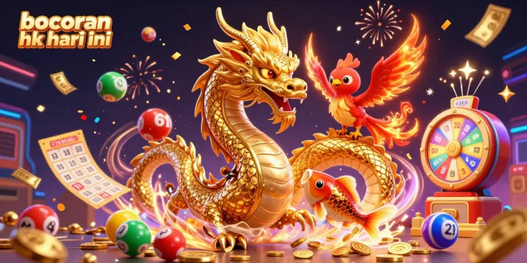 Mendapatkan bocoran hk hari ini menunjukkan naga emas dan burung phoenix yang berapi, dikelilingi bola lotere.