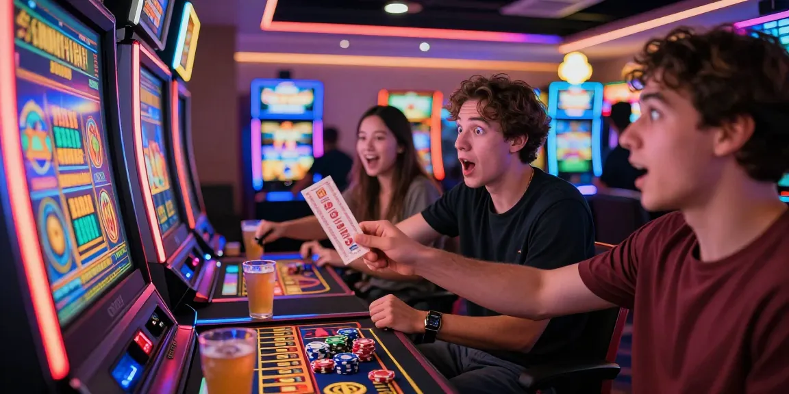 Group of excited players around a slot machine in a vibrant online casino atmosphere with colorful lights and stacks of chips.