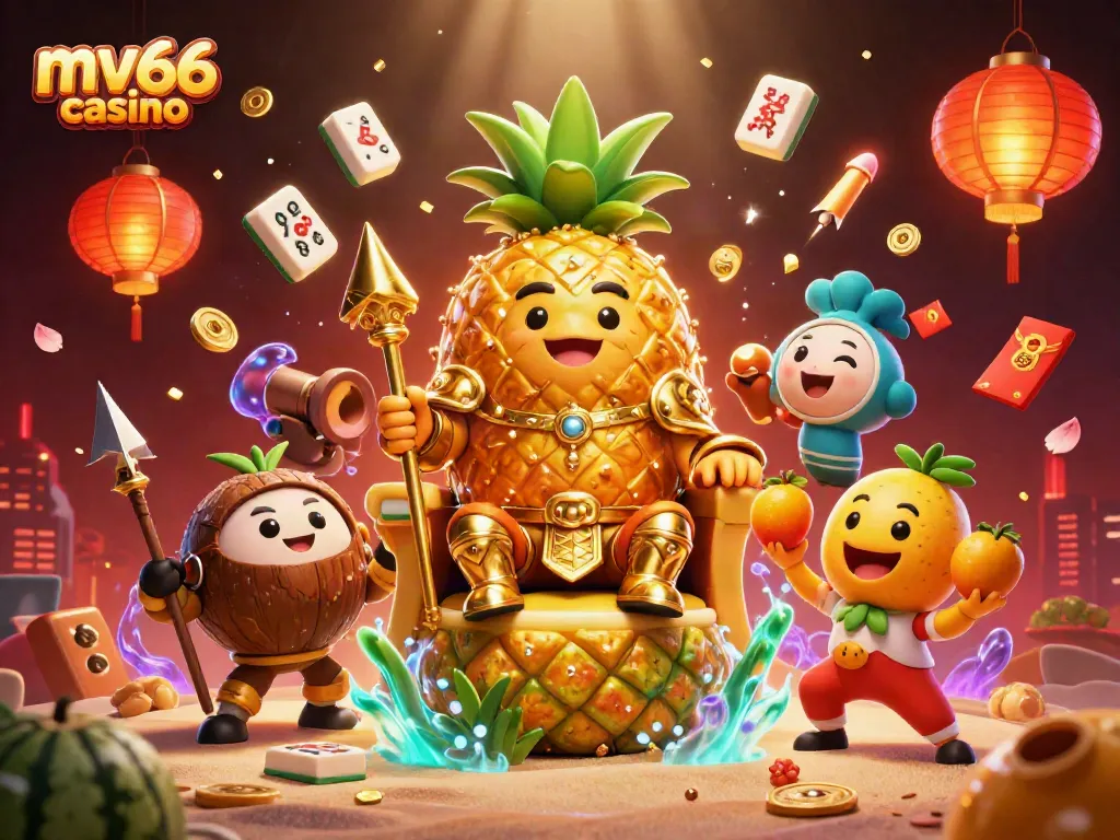 Play games at mv66 casino with a vibrant beach setting featuring a pineapple king and colorful elements.