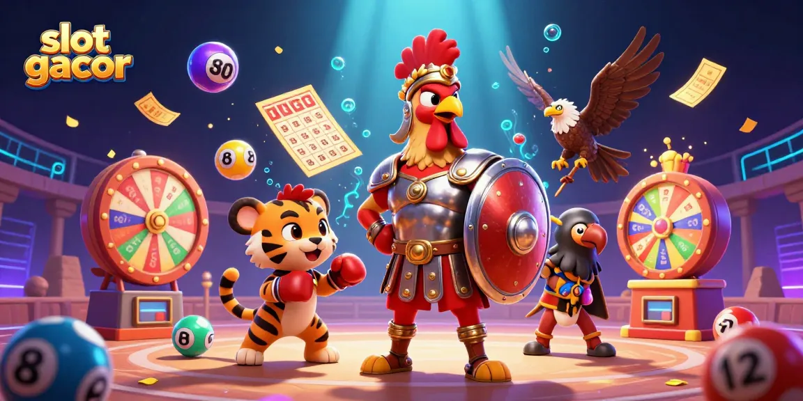 Experience slot gacor excitement with a vibrant scene featuring a gladiator rooster and dynamic game elements.