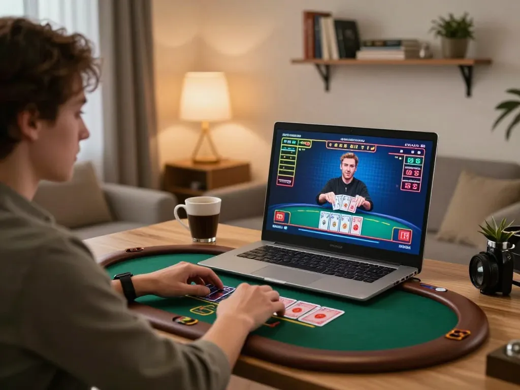 Pengalaman bermain game online yang menarik dengan blackjack dealer langsung rokok88 di pengaturan rumah modern, menunjukkan kegembiraan dan strategi.