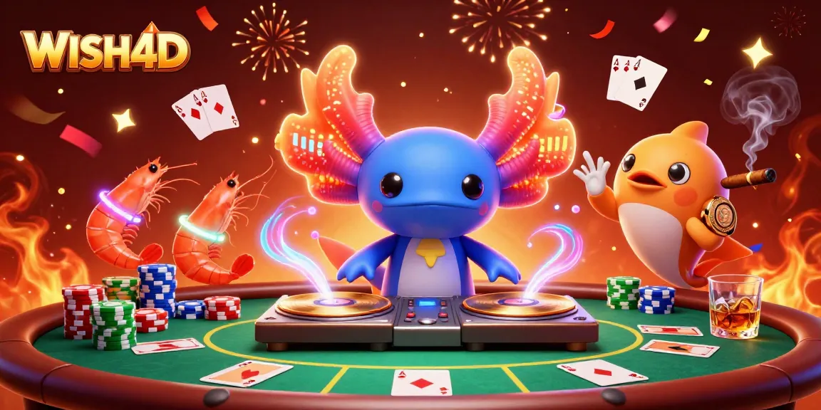 Gambaran dinamis WISH4D dengan karakter kartun, meja poker, dan suasana kasino yang meriah.