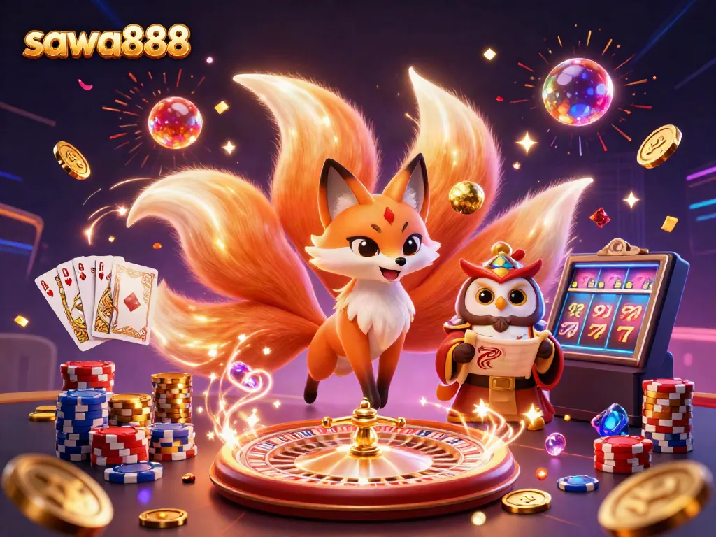 Experience the magic of sawa888 with vibrant casino elements and captivating characters in this digital illustration.