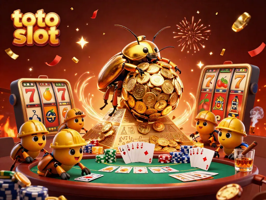 Permainan menyenangkan di situs toto slot dengan simbol jackpot dan koin emas besar.