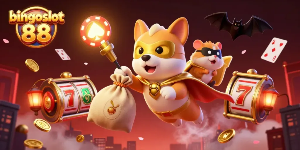 Permainan menarik di bingoslot 88 saat super hero anjing menerbangkan koin emas.