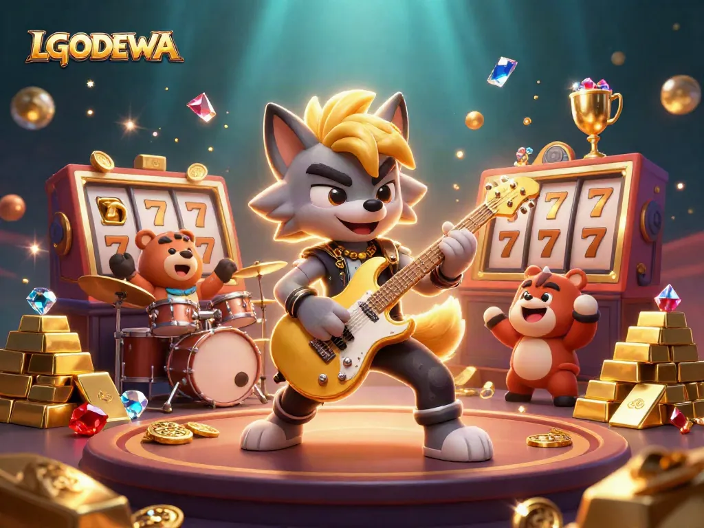 Engage with LGODEWA's vibrant casino scene featuring dynamic characters and a waterfall of treasures.