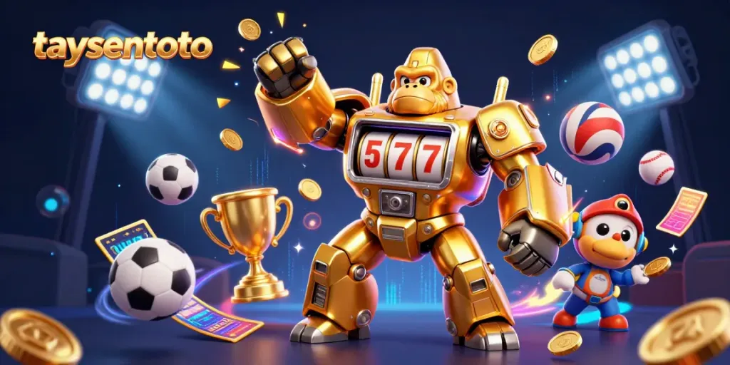 Taysentoto's golden gorilla mech brings excitement with spinning slot reels, sports balls, and festive coins